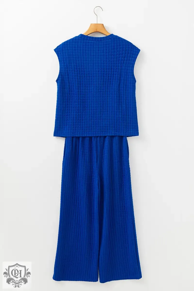 Sky Blue Textured Knit Cap Sleeve T Shirt and Wide Leg Pants Set