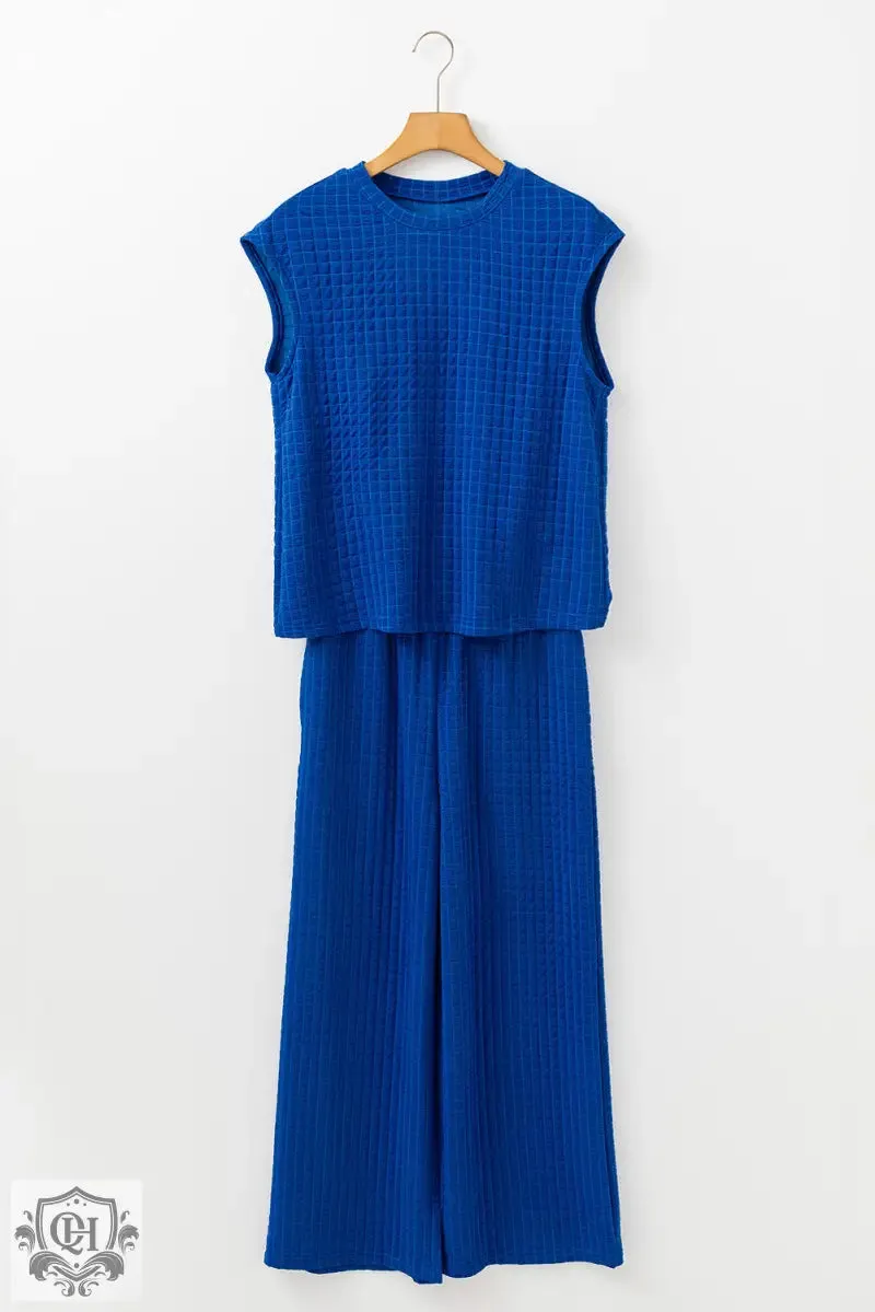 Sky Blue Textured Knit Cap Sleeve T Shirt and Wide Leg Pants Set