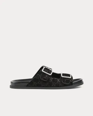 Slide Buckle GG Suede Black Sandals