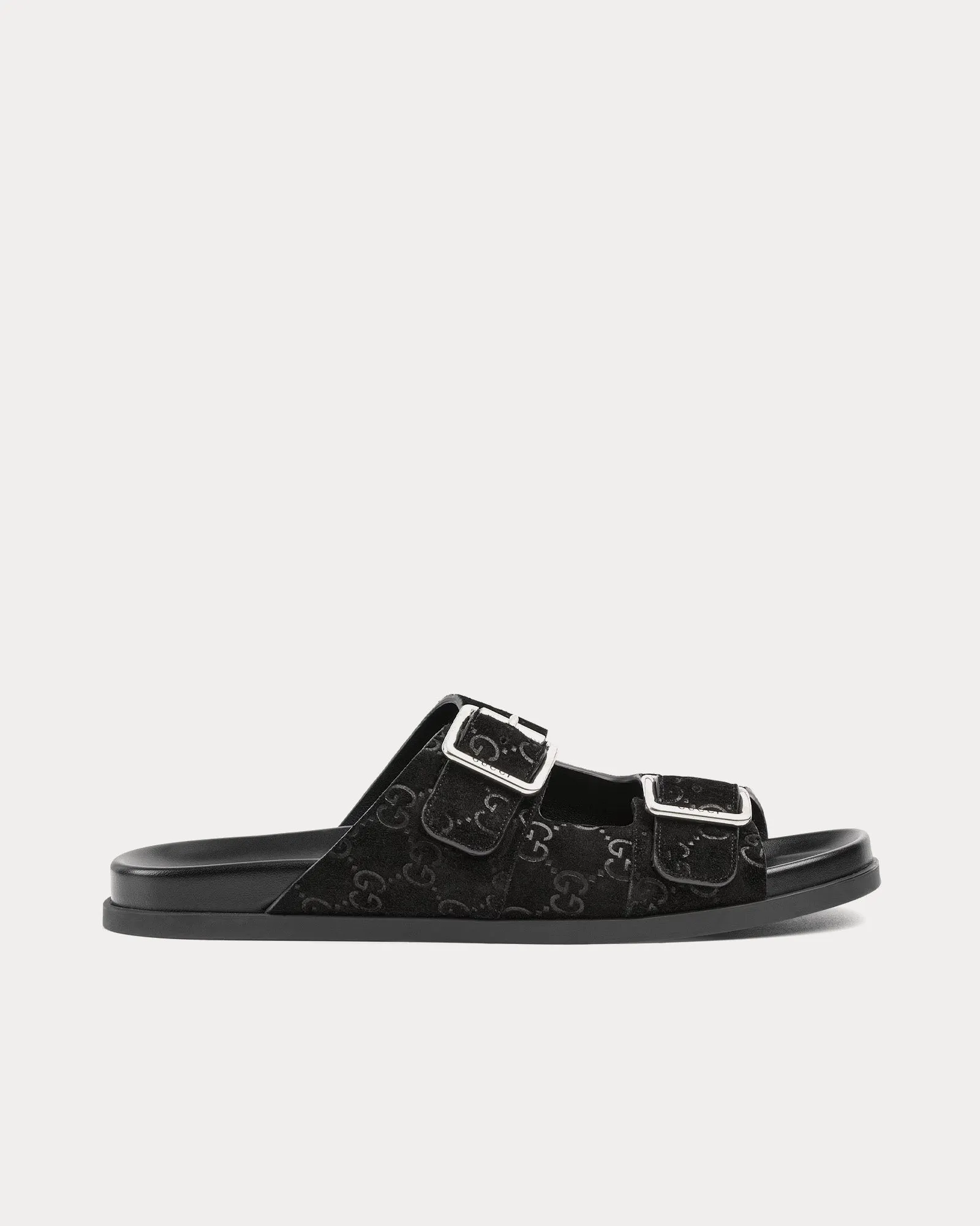 Slide Buckle GG Suede Black Sandals