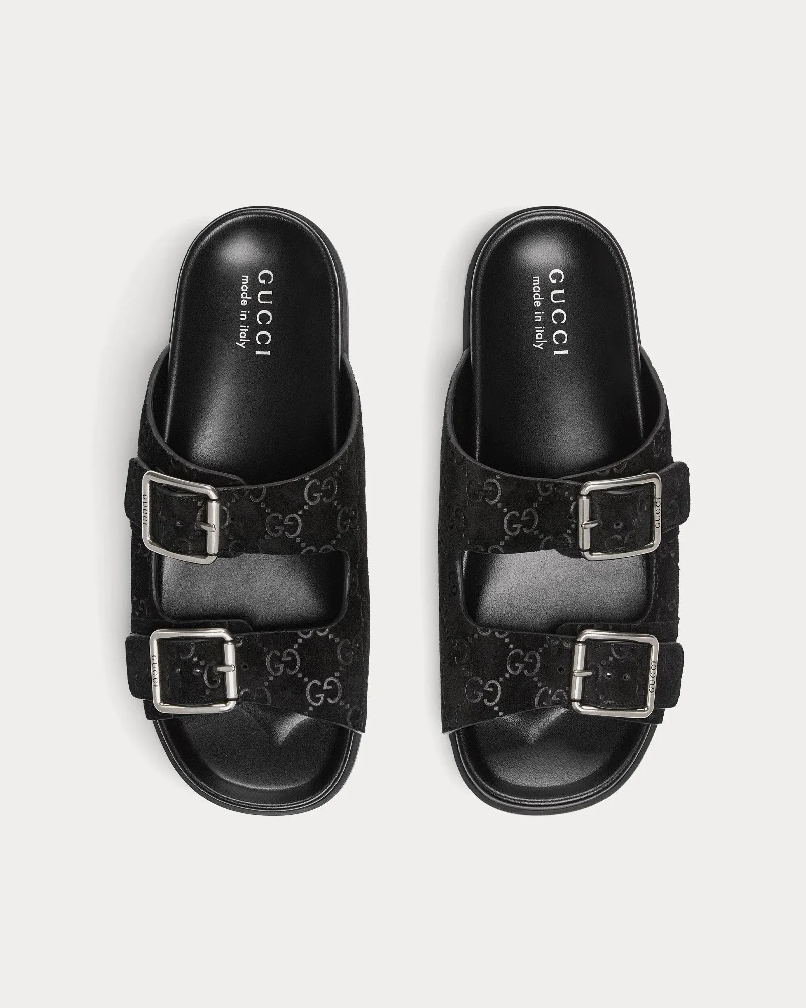 Slide Buckle GG Suede Black Sandals