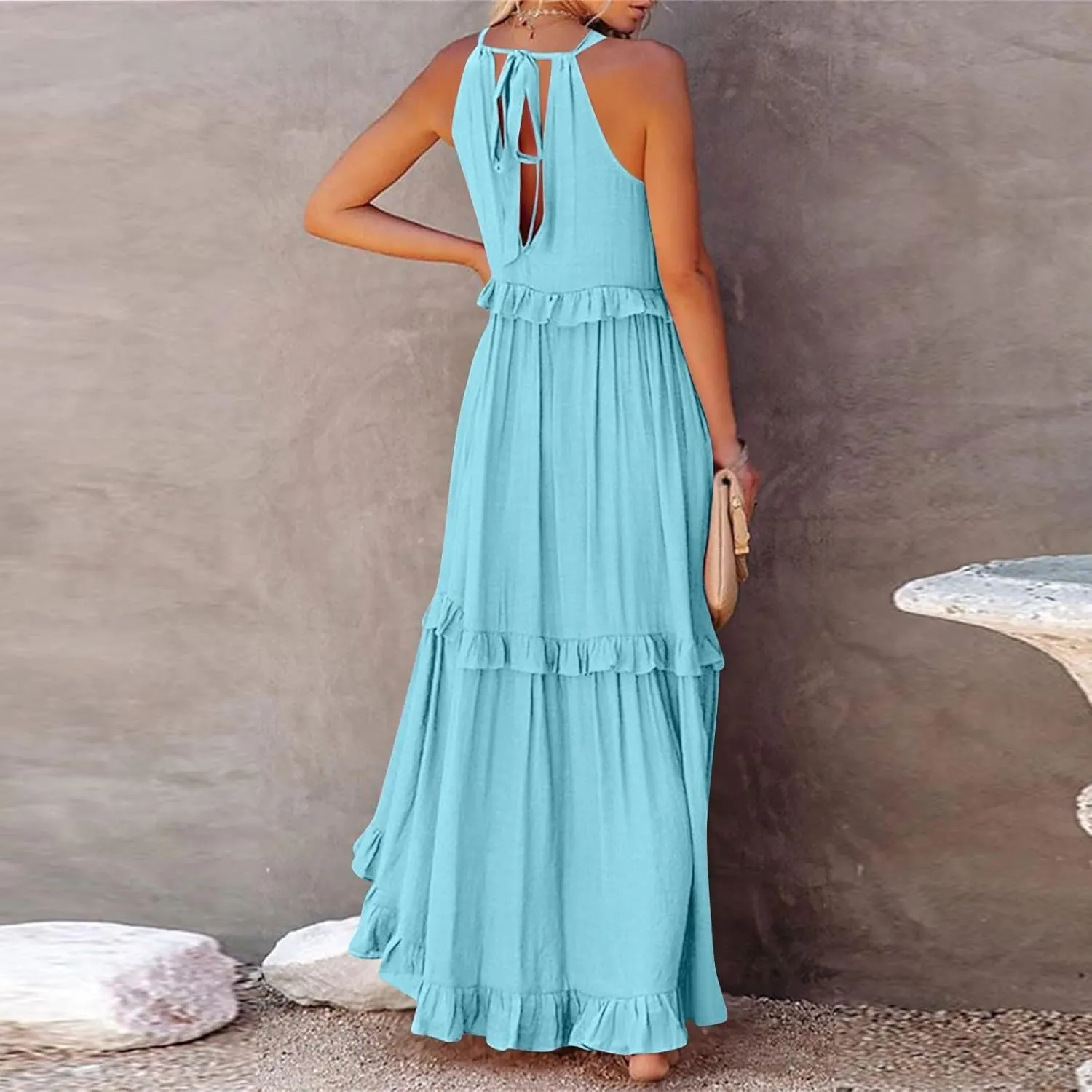 Smocked Halter Maxi Dresses for Women 2024 Summer Tiered Beach Dress Sleeveless Flowy Swing Dresses with Pockets