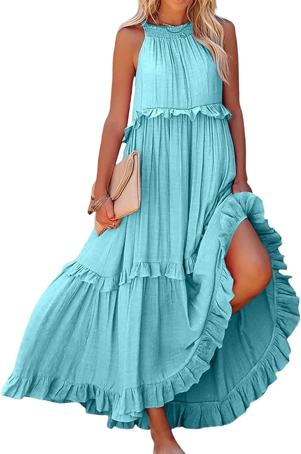 Smocked Halter Maxi Dresses for Women 2024 Summer Tiered Beach Dress Sleeveless Flowy Swing Dresses with Pockets