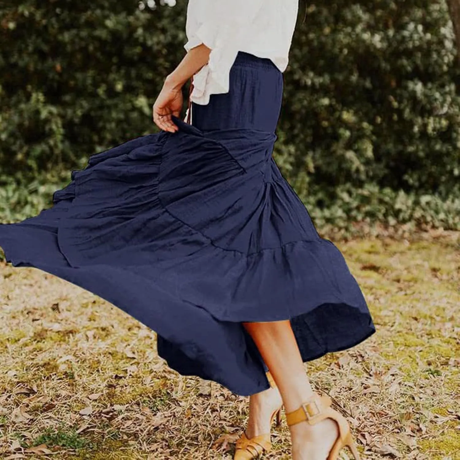 Solid Renaissance Skirt A Line Summer Pleated Boho High Rise Knee Length Skirts for Women Robe High Waist Cute Dress