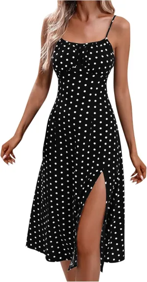 Spaghetti Strap Dresses for Women 2024 Summer Sexy Sundresses Polka Dot Print Midi Dress Side Split Boho Dresses