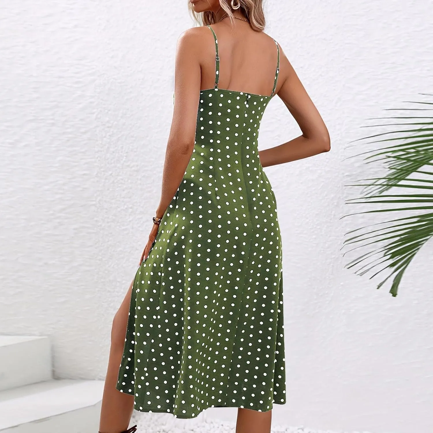 Spaghetti Strap Dresses for Women Corset Polka Dot Slim Fit Aline Midi Wedding Guest Side Slit Sundress Sexy,S-2XL