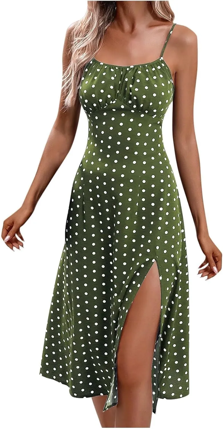 Spaghetti Strap Dresses for Women Corset Polka Dot Slim Fit Aline Midi Wedding Guest Side Slit Sundress Sexy,S-2XL