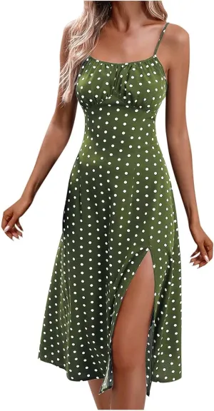 Spaghetti Strap Dresses for Women Corset Polka Dot Slim Fit Aline Midi Wedding Guest Side Slit Sundress Sexy,S-2XL