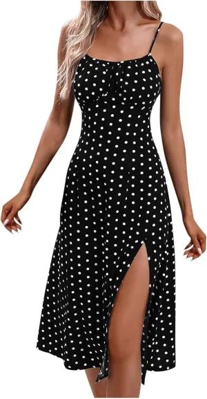 Spaghetti Strap Dresses for Women Corset Polka Dot Slim Fit Aline Midi Wedding Guest Side Slit Sundress Sexy,S-2XL