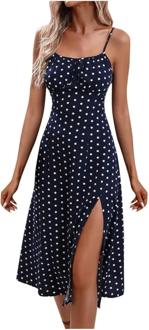 Spaghetti Strap Dresses for Women Corset Polka Dot Slim Fit Aline Midi Wedding Guest Side Slit Sundress Sexy,S-2XL
