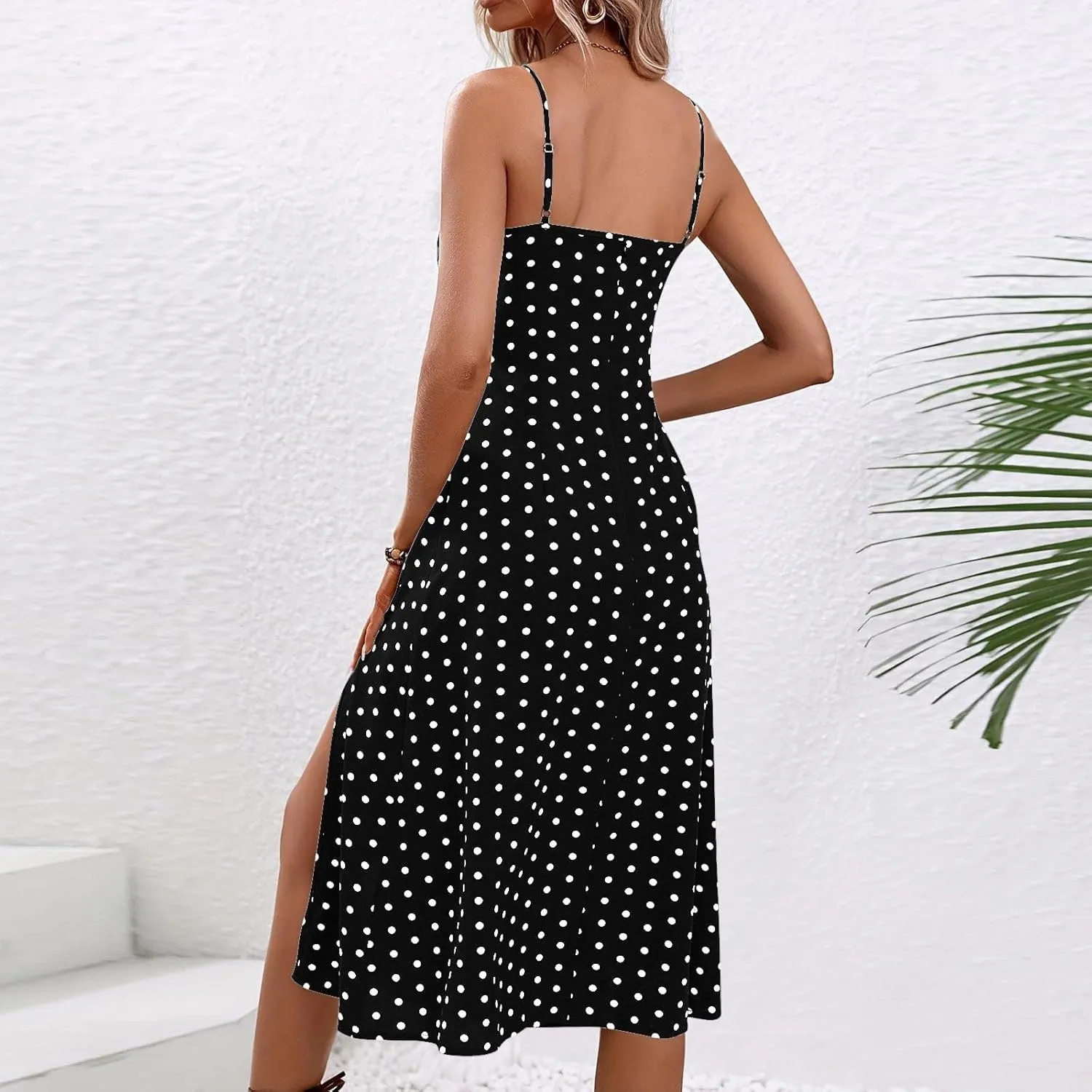 Spaghetti Strap Dresses for Women Corset Polka Dot Slim Fit Aline Midi Wedding Guest Side Slit Sundress Sexy,S-2XL