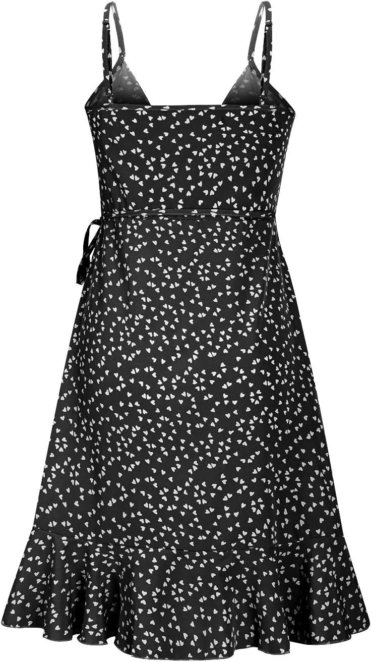 Spaghetti Strap Floral Mini Dress Women's Casual Wrap V-Neck Tie Side Ruffle Boho Dress Summer Beach Sundress