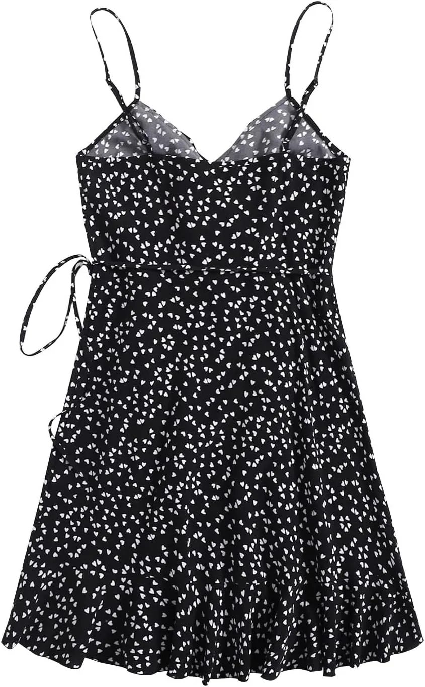 Spaghetti Strap Floral Mini Dress Women's Casual Wrap V-Neck Tie Side Ruffle Boho Dress Summer Beach Sundress