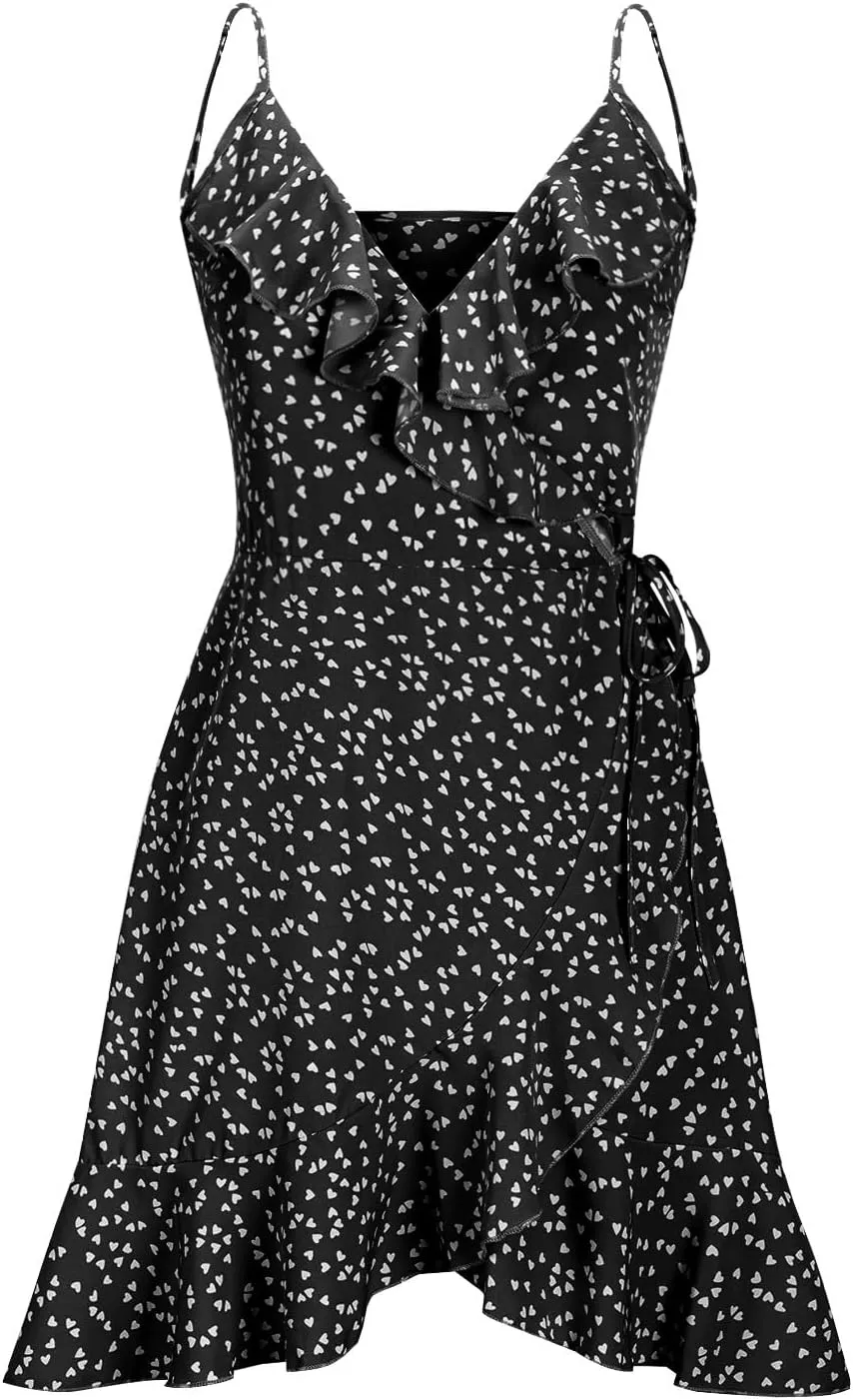 Spaghetti Strap Floral Mini Dress Women's Casual Wrap V-Neck Tie Side Ruffle Boho Dress Summer Beach Sundress