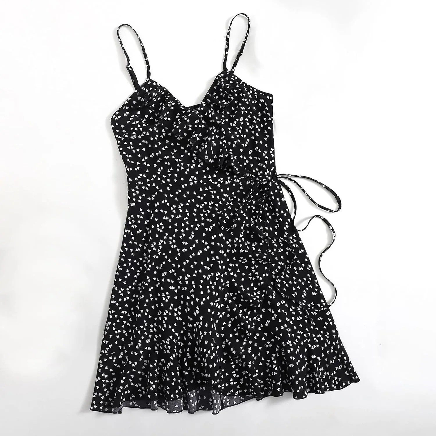 Spaghetti Strap Floral Mini Dress Women's Casual Wrap V-Neck Tie Side Ruffle Boho Dress Summer Beach Sundress