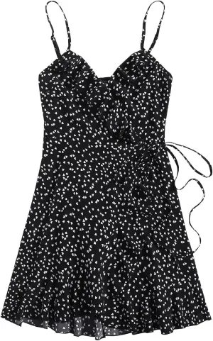 Spaghetti Strap Floral Mini Dress Women's Casual Wrap V-Neck Tie Side Ruffle Boho Dress Summer Beach Sundress