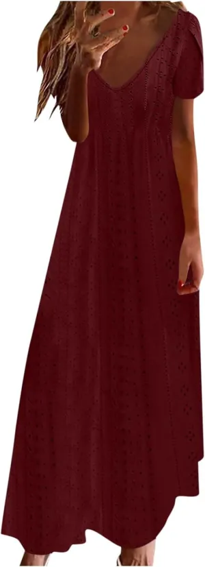 Spring Dresses for Women 2025 Eyelet Ruffle Short Sleeve Solid V Neck Casual Maxi Dresses Beach Vacation Long Dress