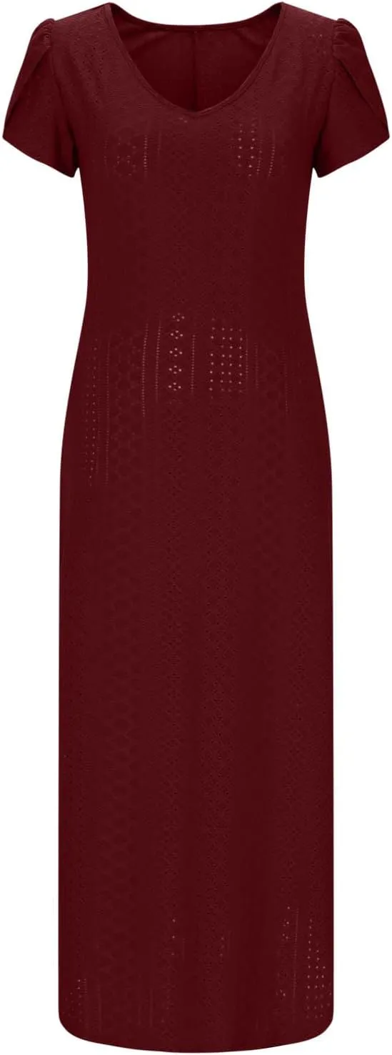 Spring Dresses for Women 2025 Eyelet Ruffle Short Sleeve Solid V Neck Casual Maxi Dresses Beach Vacation Long Dress