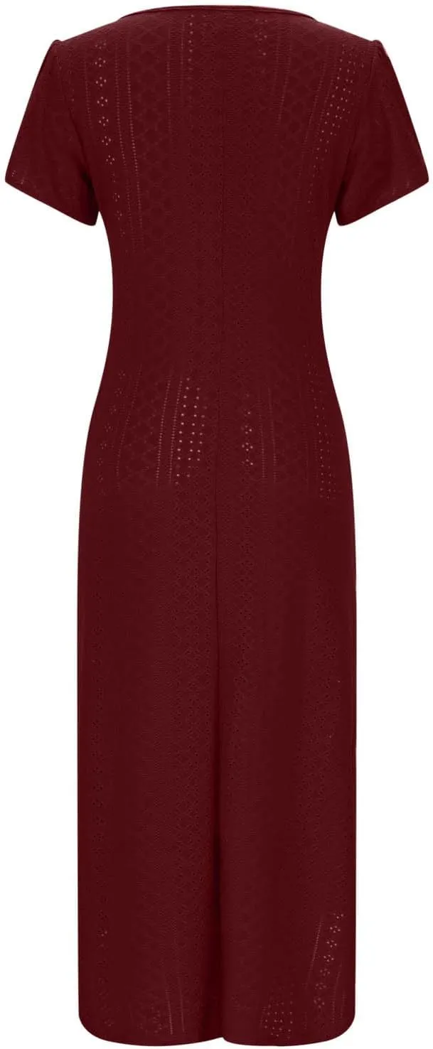 Spring Dresses for Women 2025 Eyelet Ruffle Short Sleeve Solid V Neck Casual Maxi Dresses Beach Vacation Long Dress