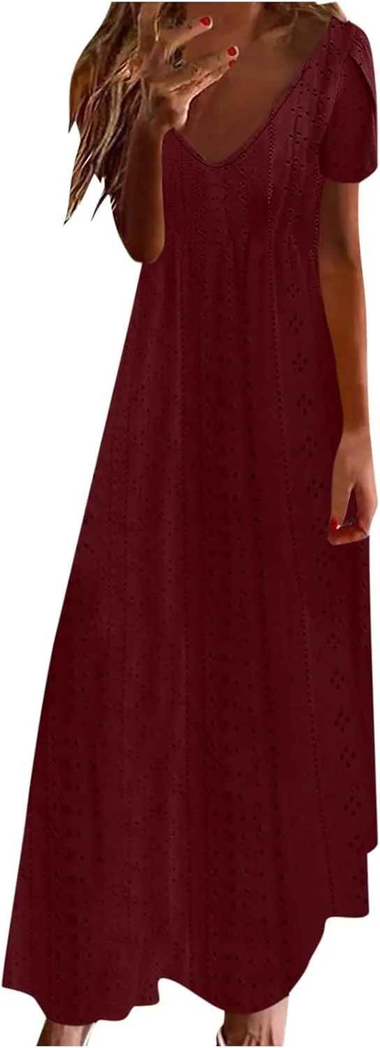 Spring Dresses for Women 2025 Eyelet Ruffle Short Sleeve Solid V Neck Casual Maxi Dresses Beach Vacation Long Dress