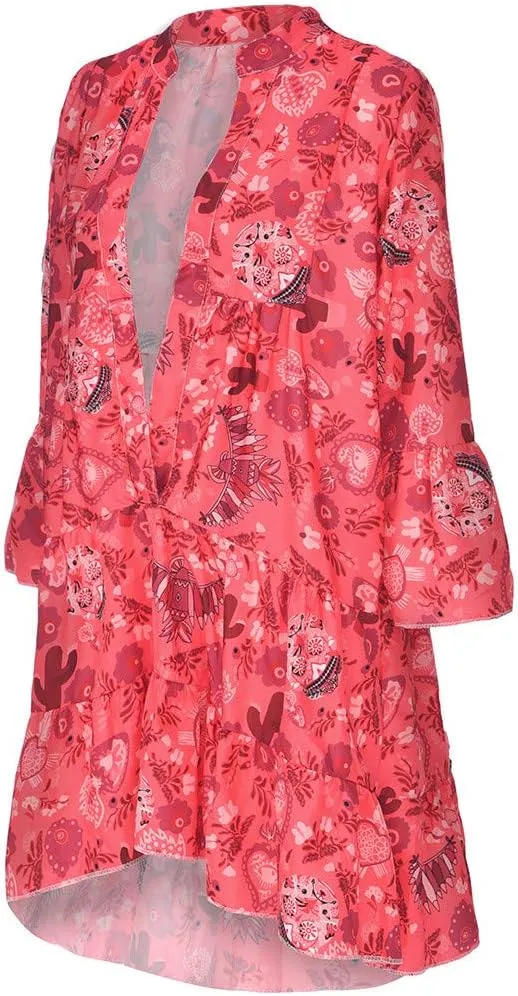 Spring Dresses for Women 2025 Women's Casual Long Sleeve V Neck Ruffle Tiered A-Line Swing Boho Mini Dress Beach Sun Dress
