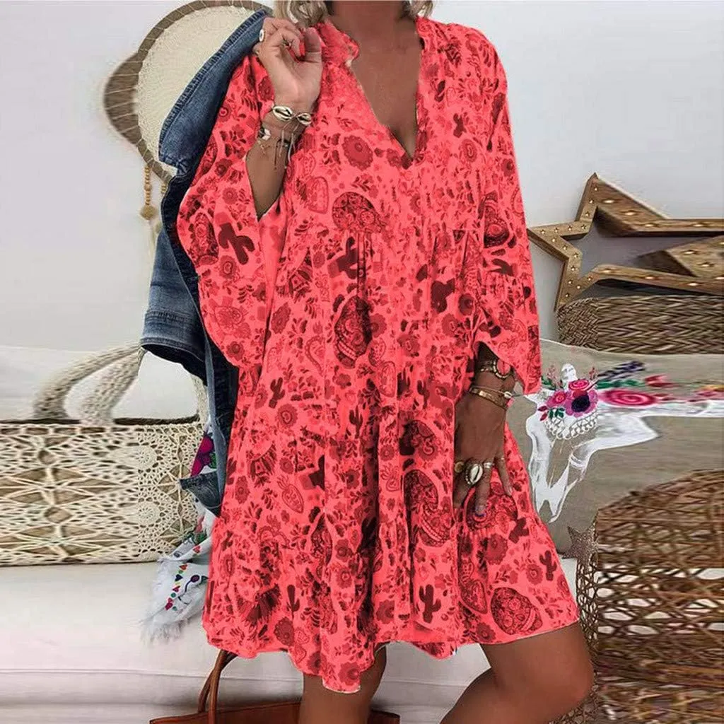 Spring Dresses for Women 2025 Women's Casual Long Sleeve V Neck Ruffle Tiered A-Line Swing Boho Mini Dress Beach Sun Dress