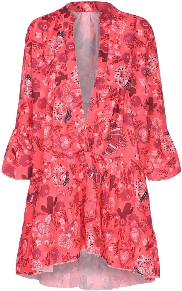Spring Dresses for Women 2025 Women's Casual Long Sleeve V Neck Ruffle Tiered A-Line Swing Boho Mini Dress Beach Sun Dress