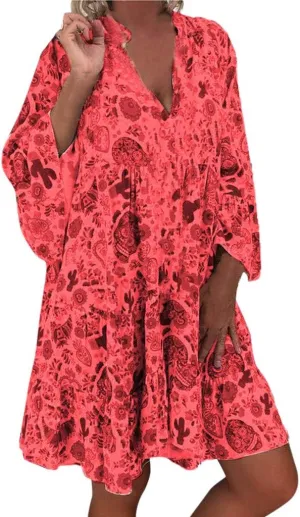 Spring Dresses for Women 2025 Women's Casual Long Sleeve V Neck Ruffle Tiered A-Line Swing Boho Mini Dress Beach Sun Dress