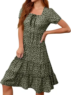 Square Neck Summer Dresses for Women 2025 Polka Dot Short Sleeve Midi Dresses Tiered Flowy Swing Boho Beach Sundress