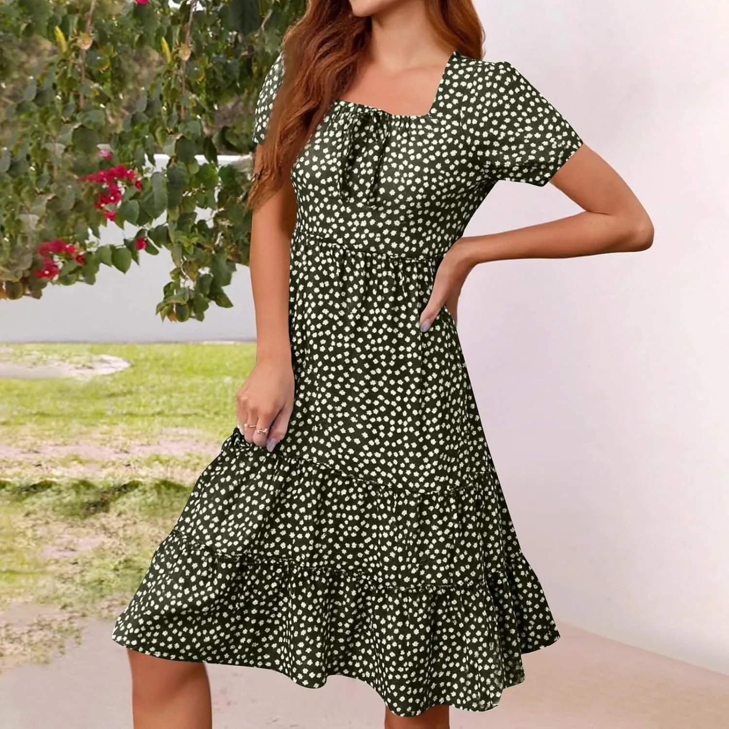 Square Neck Summer Dresses for Women 2025 Polka Dot Short Sleeve Midi Dresses Tiered Flowy Swing Boho Beach Sundress