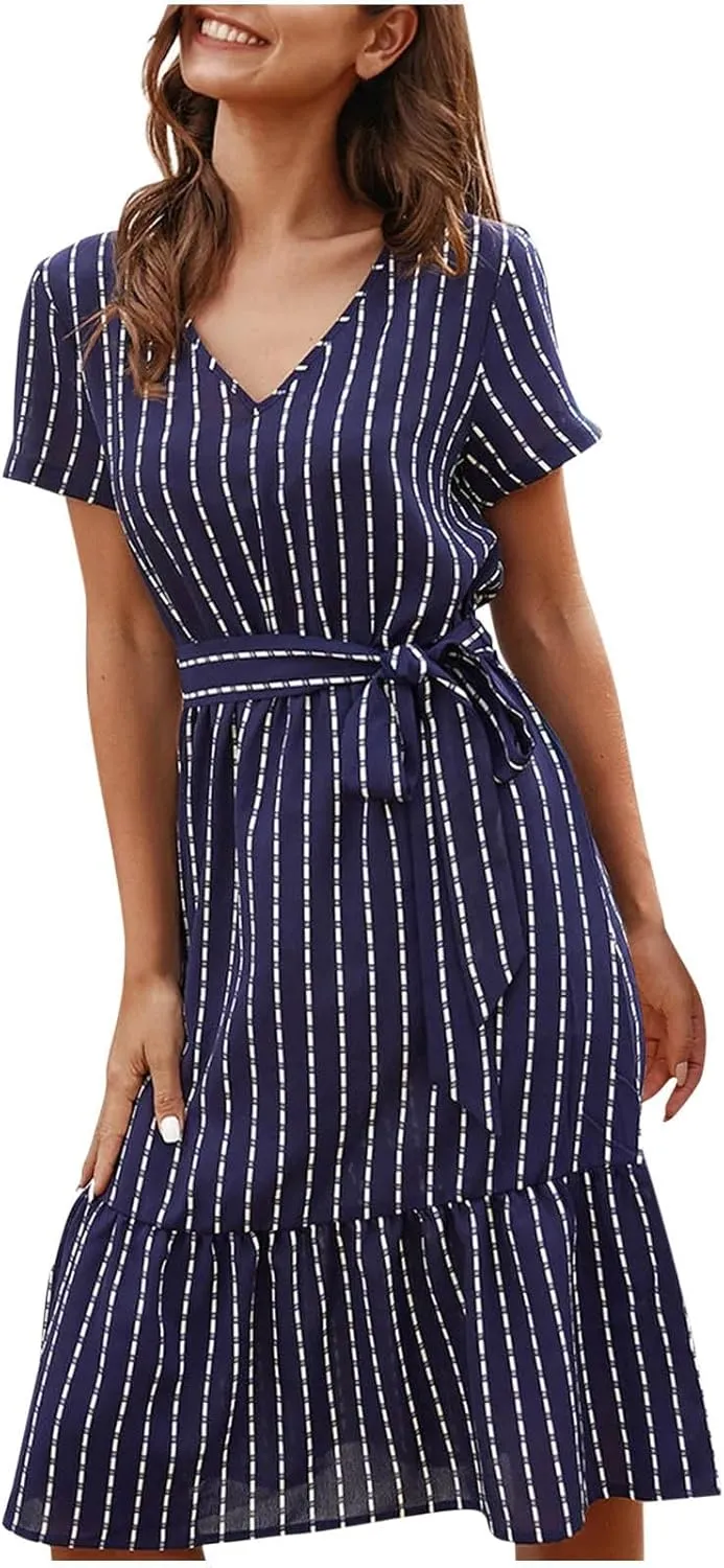 Striped Chiffon Midi Dress for Women Short Sleeve V-Neck Tie Waist Dresses Summer Casual Business Work Office Dress