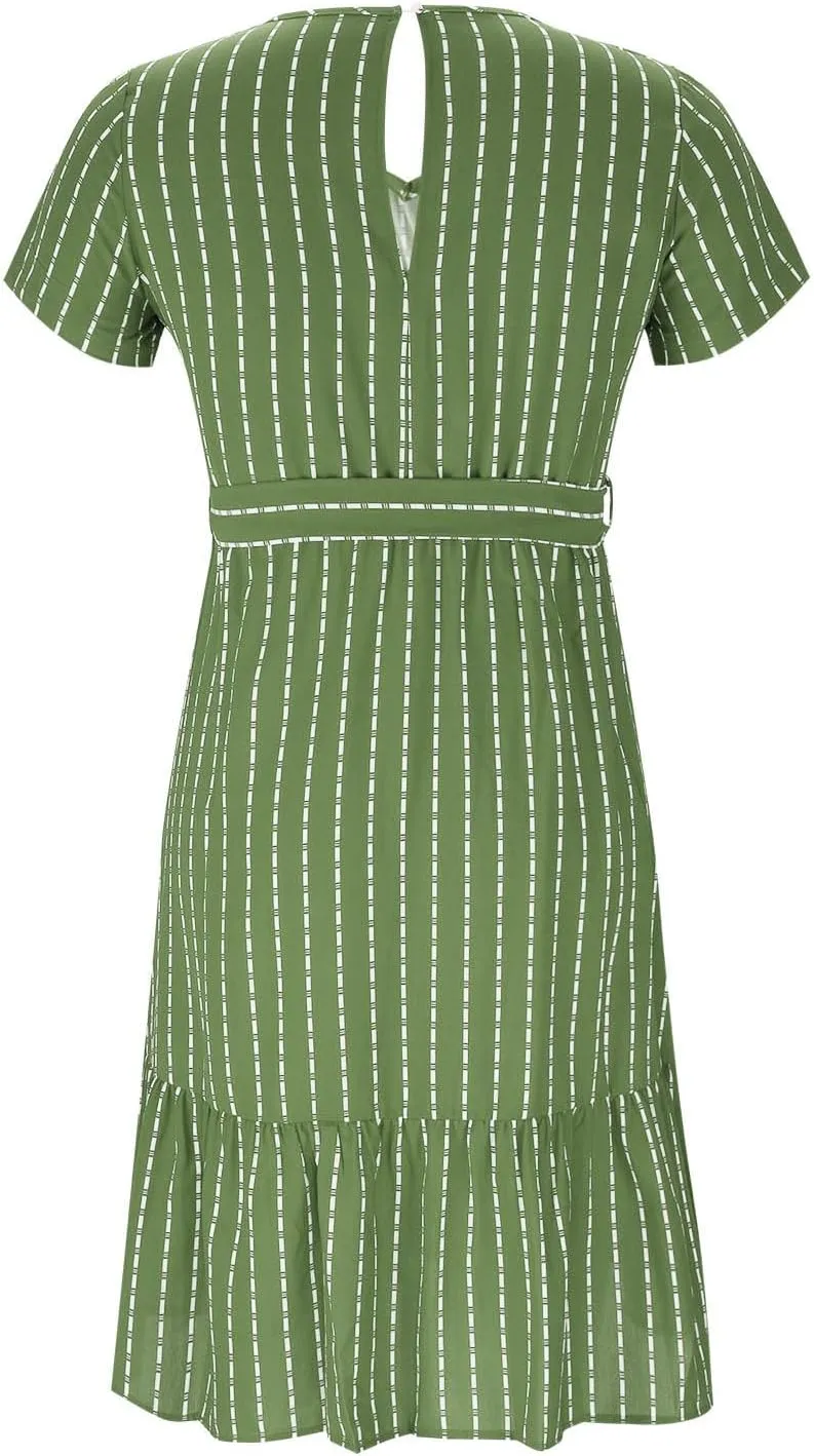 Striped Chiffon Midi Dress for Women Short Sleeve V-Neck Tie Waist Dresses Summer Casual Business Work Office Dress