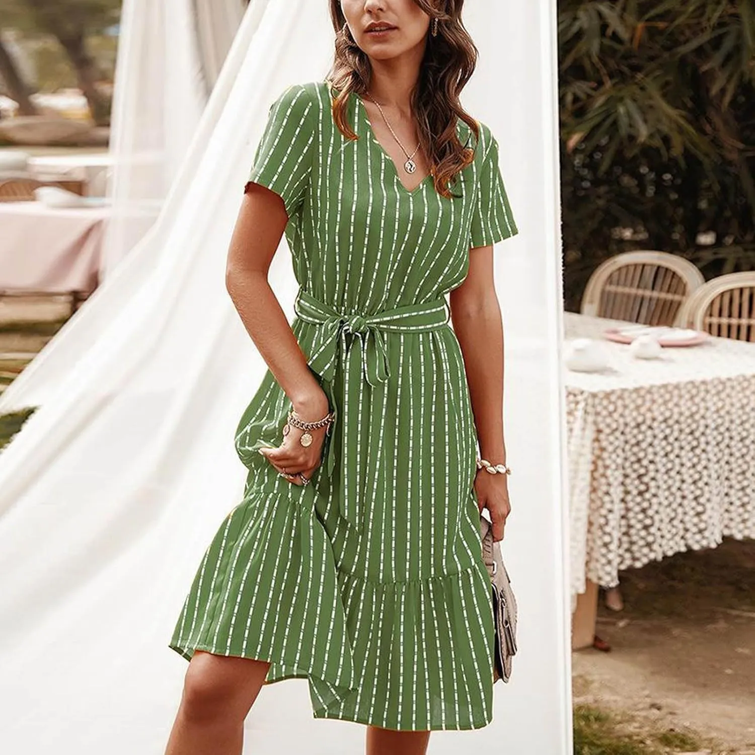 Striped Chiffon Midi Dress for Women Short Sleeve V-Neck Tie Waist Dresses Summer Casual Business Work Office Dress