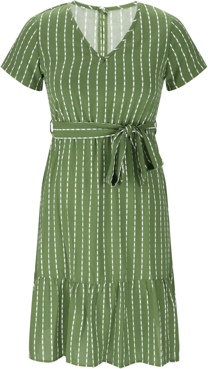 Striped Chiffon Midi Dress for Women Short Sleeve V-Neck Tie Waist Dresses Summer Casual Business Work Office Dress