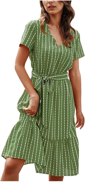 Striped Chiffon Midi Dress for Women Short Sleeve V-Neck Tie Waist Dresses Summer Casual Business Work Office Dress