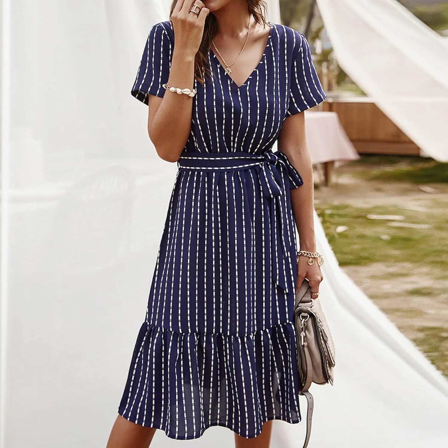 Striped Chiffon Midi Dress for Women Short Sleeve V-Neck Tie Waist Dresses Summer Casual Business Work Office Dress