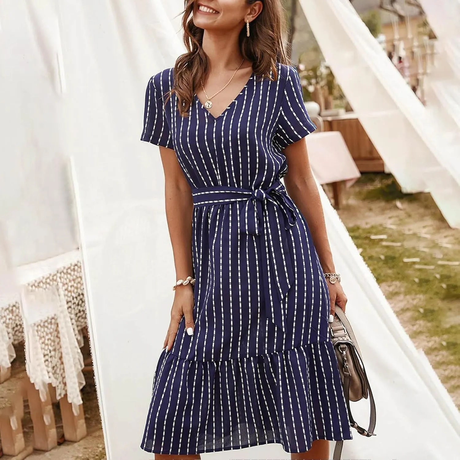 Striped Chiffon Midi Dress for Women Short Sleeve V-Neck Tie Waist Dresses Summer Casual Business Work Office Dress