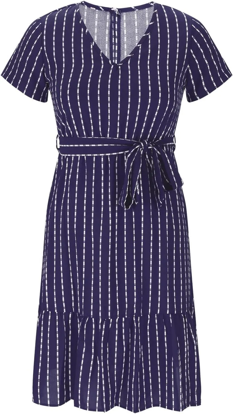 Striped Chiffon Midi Dress for Women Short Sleeve V-Neck Tie Waist Dresses Summer Casual Business Work Office Dress