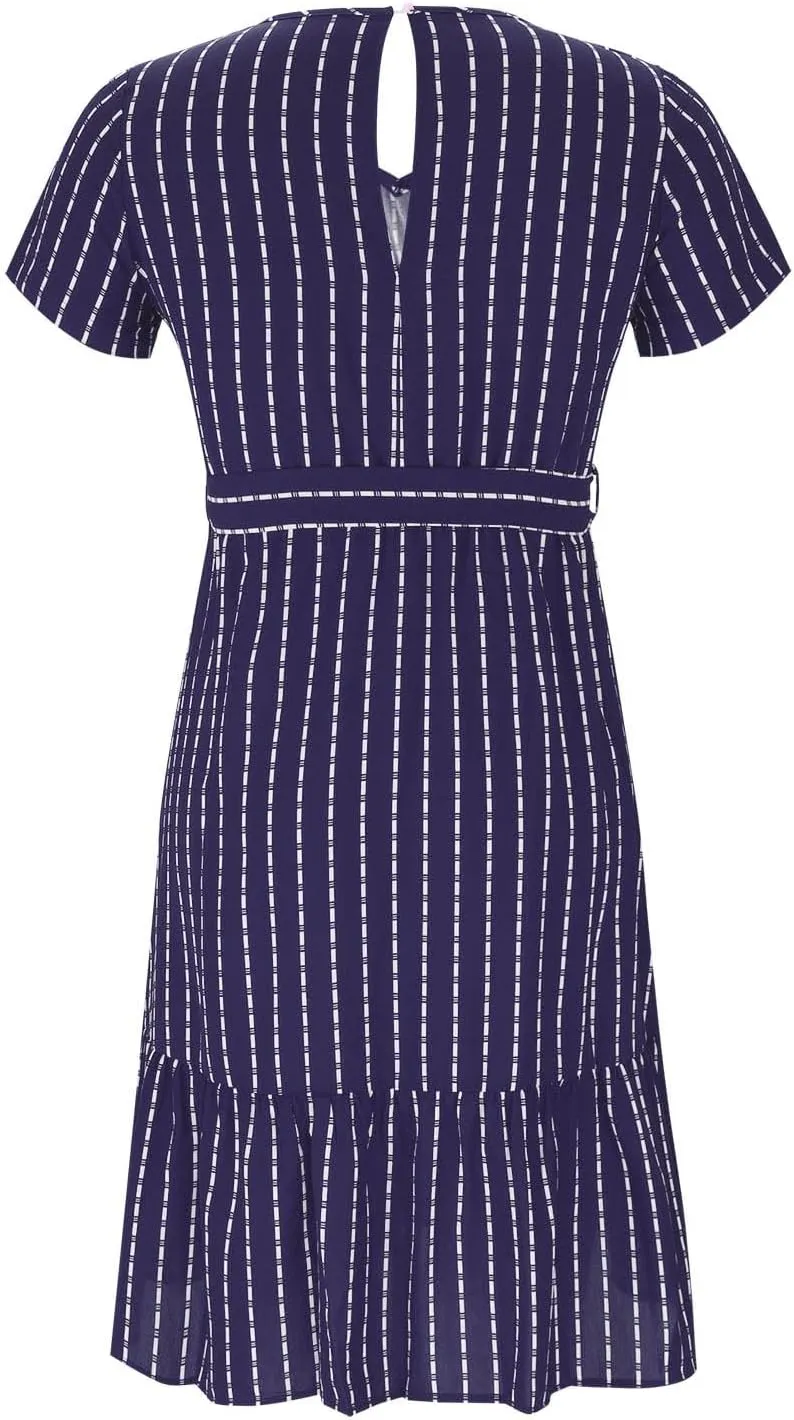 Striped Chiffon Midi Dress for Women Short Sleeve V-Neck Tie Waist Dresses Summer Casual Business Work Office Dress