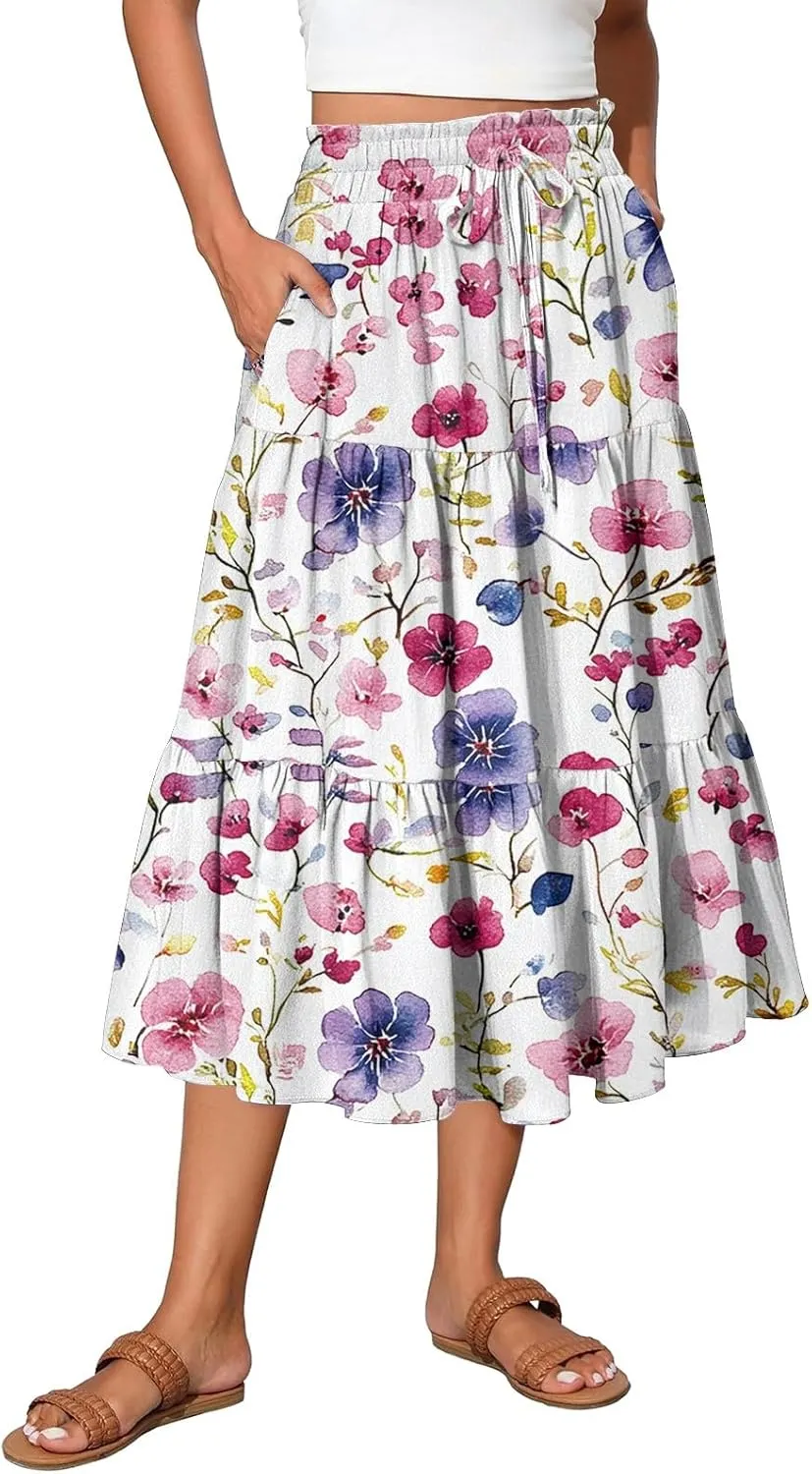 Stylish Summer Party Skirt Women Full Hems Comfy Baggy Floral Expandable Waist Skirts