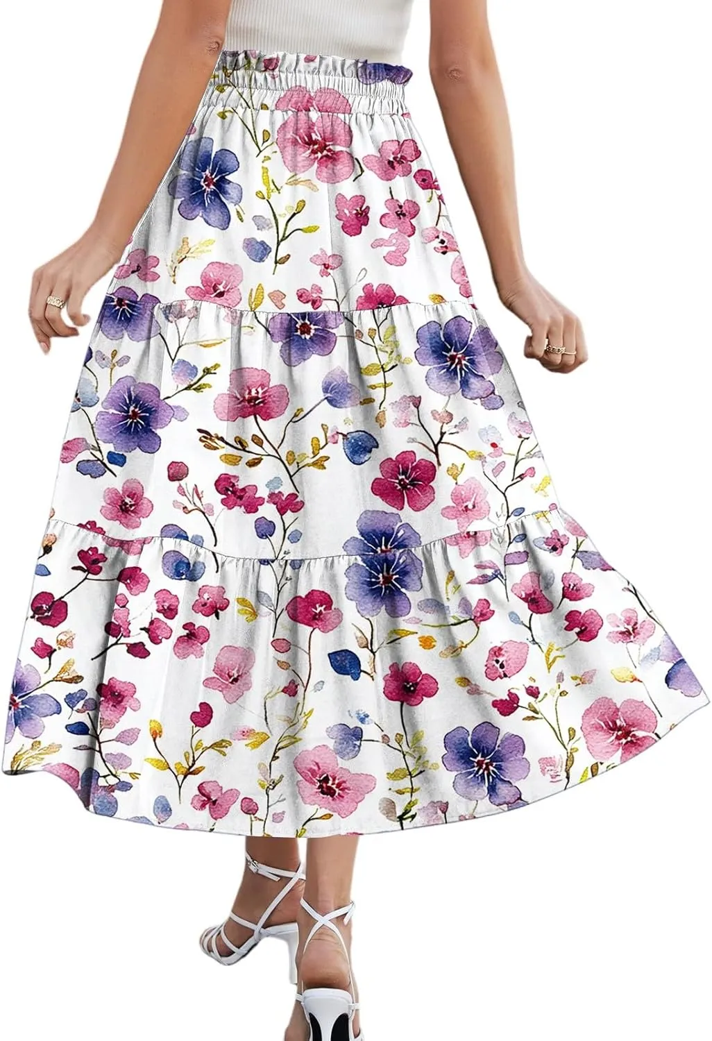 Stylish Summer Party Skirt Women Full Hems Comfy Baggy Floral Expandable Waist Skirts