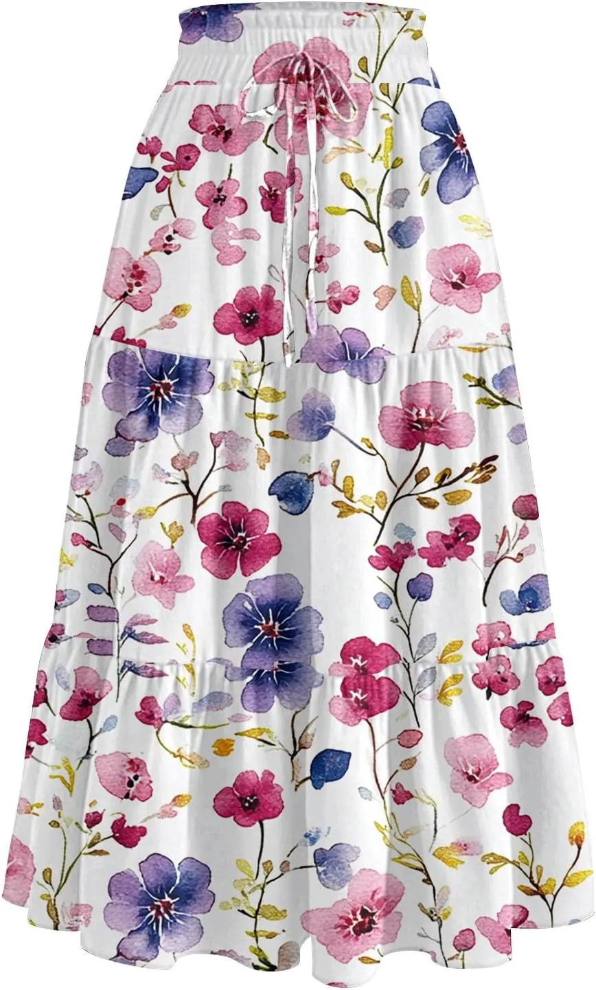 Stylish Summer Party Skirt Women Full Hems Comfy Baggy Floral Expandable Waist Skirts