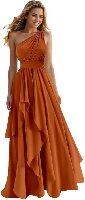 Sukleet One Shoulder Bridesmaid Dresses Long for Women Ruffles Chiffon A Line Formal Wedding Guest Dress