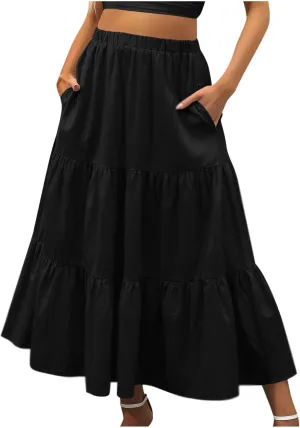 Summer Beach Maxi Skirts for Women Casual High Waisted Pleated Ruffle Swing Skirt Layered Tiered Vacation Dress