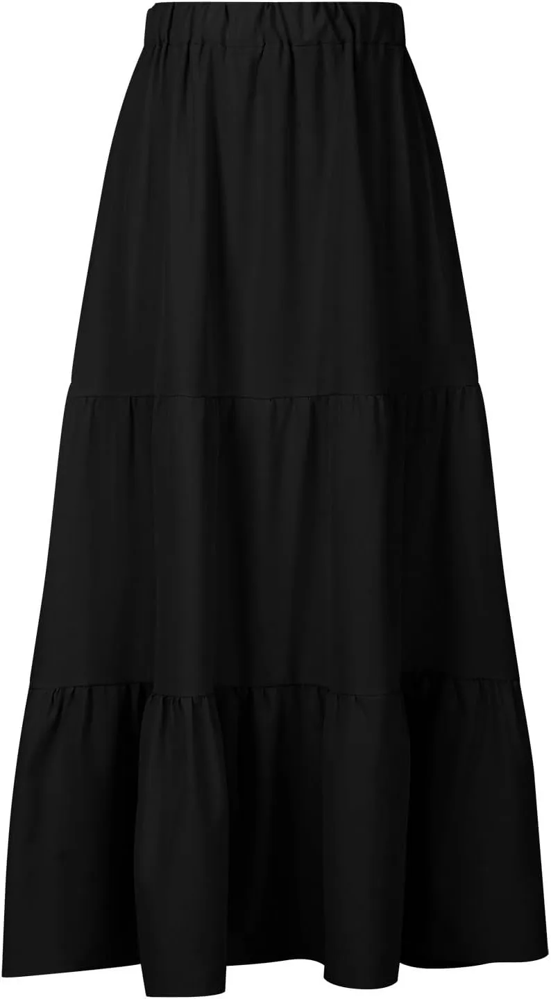 Summer Beach Maxi Skirts for Women Casual High Waisted Pleated Ruffle Swing Skirt Layered Tiered Vacation Dress