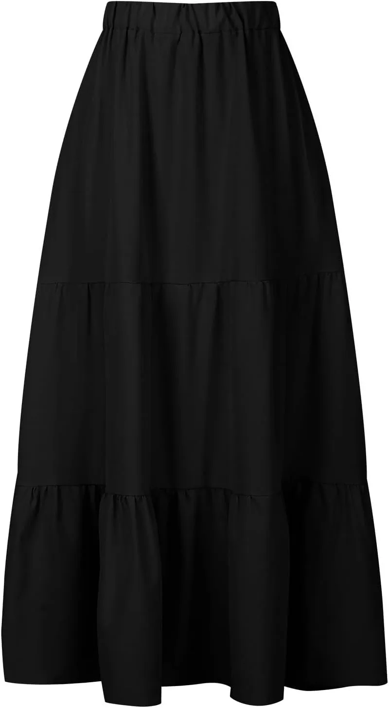 Summer Beach Maxi Skirts for Women Casual High Waisted Pleated Ruffle Swing Skirt Layered Tiered Vacation Dress