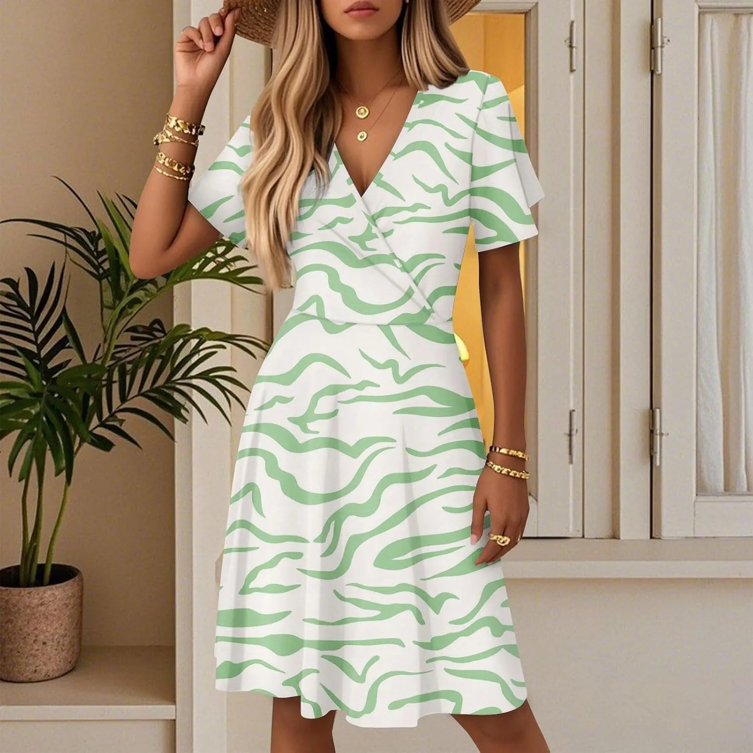 Summer Boho Floral Dresses for Women 2025 Casual V Neck Short Sleeve Flowy Wrap Dress A-Line Midi Vacation Beach Sundress