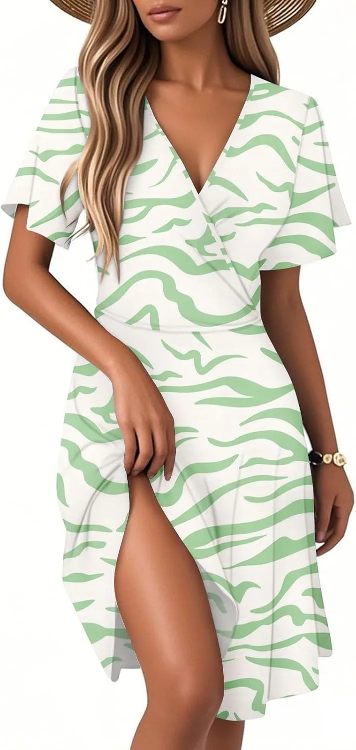 Summer Boho Floral Dresses for Women 2025 Casual V Neck Short Sleeve Flowy Wrap Dress A-Line Midi Vacation Beach Sundress