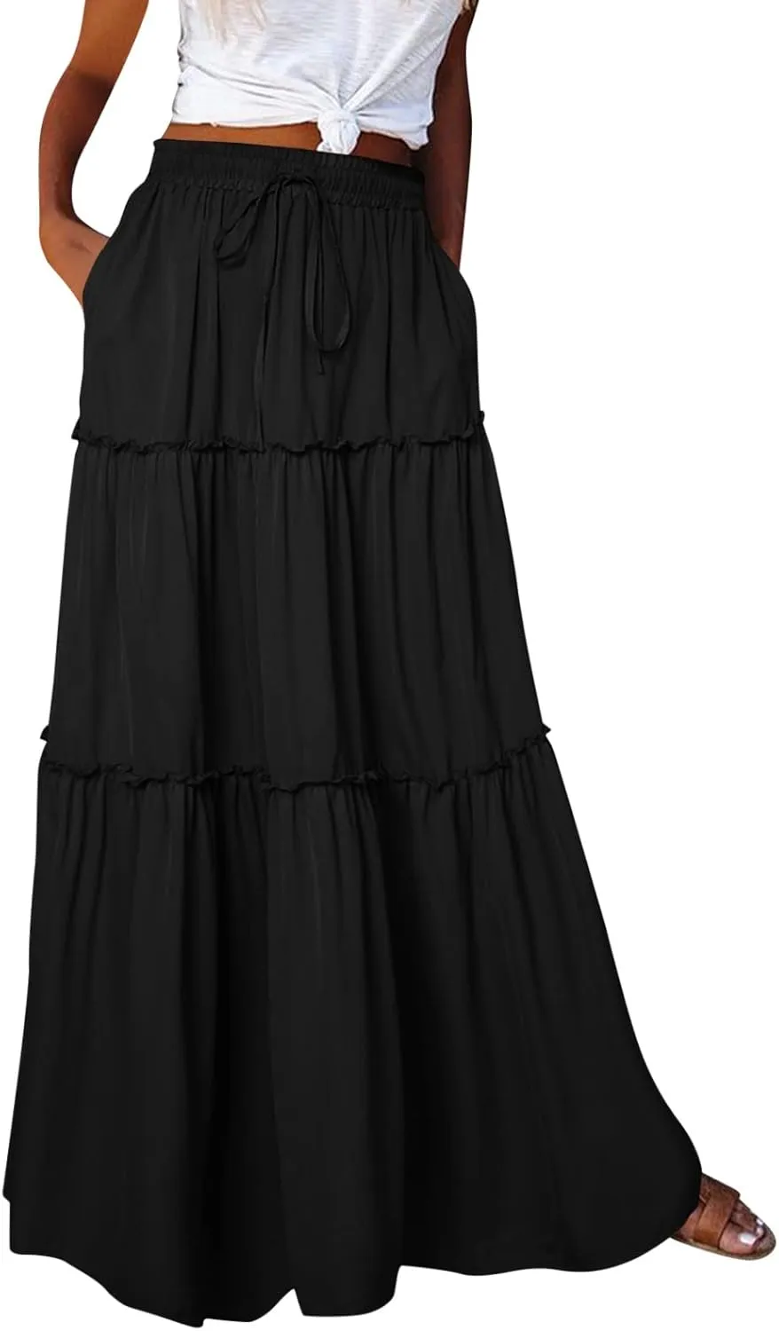 Summer Boho Floral Mixi Skirts for Women Girls A-Line Long Pleated Waist Flowy Swing Tiered Long Skirt with Pockets