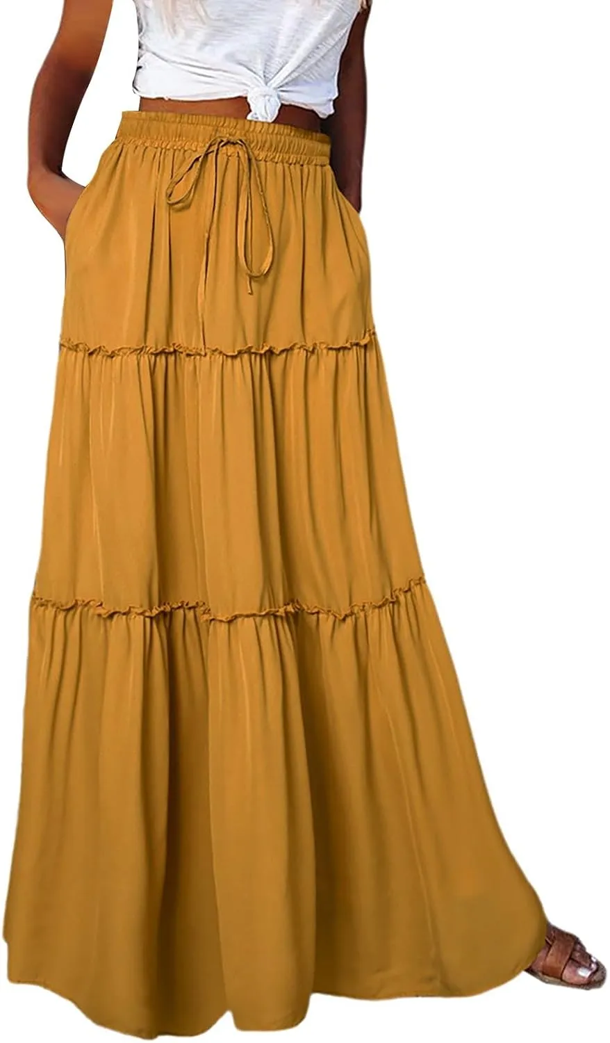 Summer Boho Floral Mixi Skirts for Women Girls A-Line Long Pleated Waist Flowy Swing Tiered Long Skirt with Pockets